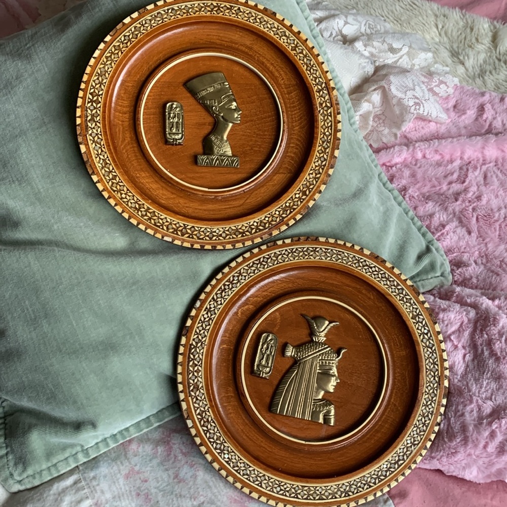Nefertiti Egyptian brass Goddess wood abalone decorative wall plates vintage